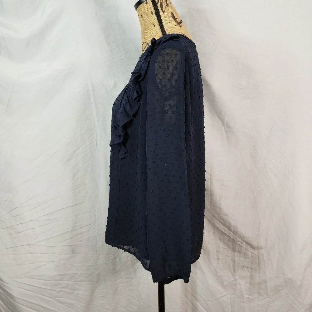 J.CREW Size 12 Navy Blue French Dot Pleated Ruffle Sheer Sleeve Keyhole Blouse‎